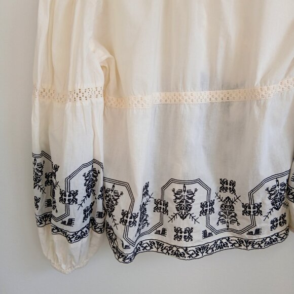 Solitaire by Ravi- Boho Chic Blouse Shirt- Size Medium- White/Black- 100% Cotton - Picture 5 of 10